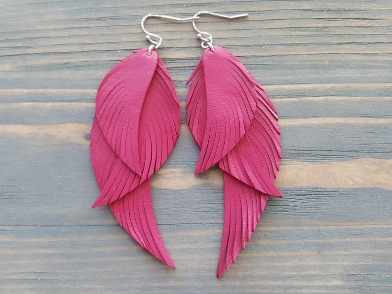 Fuchsia pink earrings. Pink leather earrings. Leather feather earrings. Long feather earrings. Bohemian earrings. Boho earrings. Boho chic. image 5