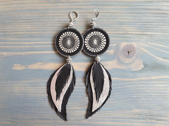 Long Feather Earrings, Statement Earrings, Large Boho Earrings, Leather Feather Earrings, Statement Jewelry, Black Silver Leather Earrings.