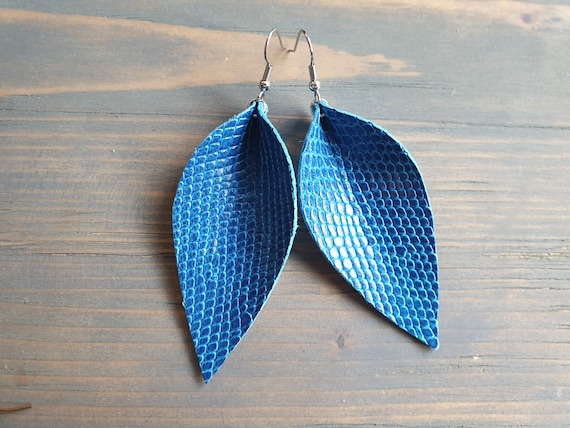 Blue Earrings, Leather Leaf Earrings, Blue Leather Earrings, Large Leather Leaf Earrings, Boho Earrings, Gift For Her, Boho Jewelry