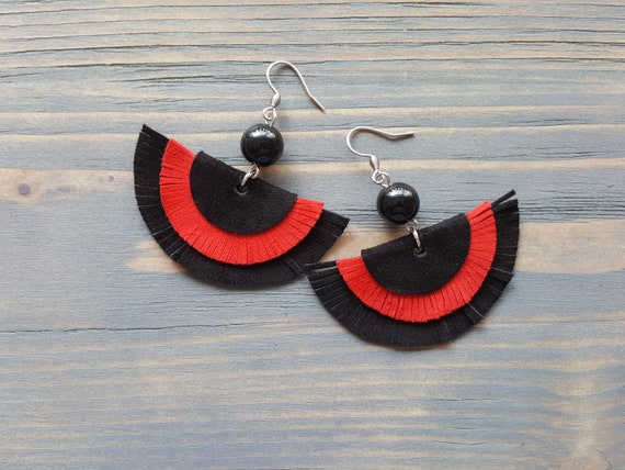 Black and Red Leather Earrings, Leather Fringe Earrings, Fringe Boho Earrings, Statement Earrings, Statement Jewelry, Bohemian Earrings