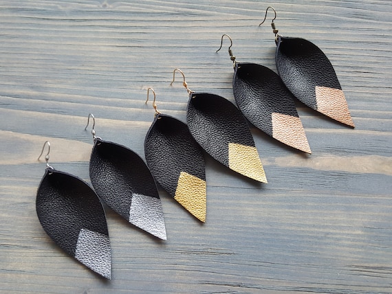 Genuine Leather Leaf Earrings. Bohemian Black Earrings. Boho Earrings. Leaf Earrings. Leather Earrings. Dipped Leather Earrings