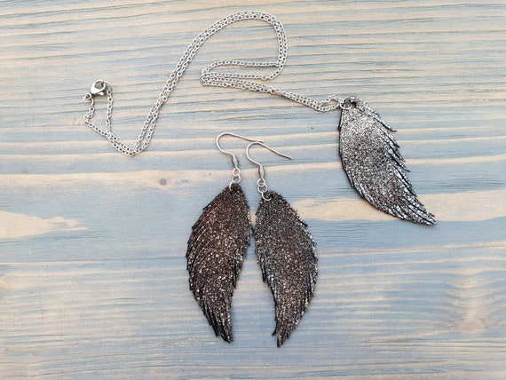Leather Jewelry Set, Leather Feather Earrings, Leather Earrings, Leather Feather Necklace, Leather Pendant, Leather Necklace