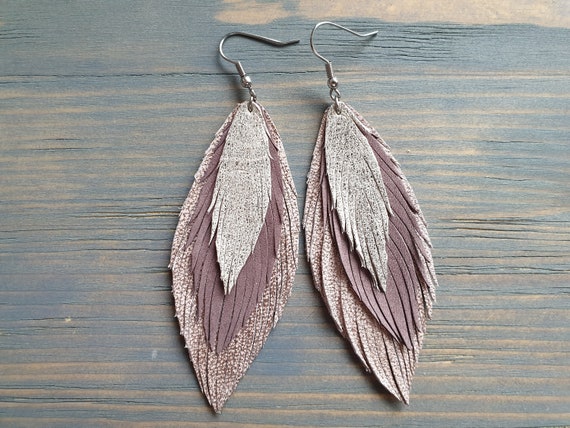 Large Leather Feather Earrings, Layered Leather Earrings, Large Lightweight Earrings, Statement Earrings, Bohemian Earrings, Long Earrings