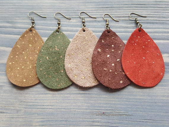 Suede earrings Teardrop earrings Large leather earrings Khaki earrings Leather teardrop earrings Boho earrings Bohemian dangle earrings