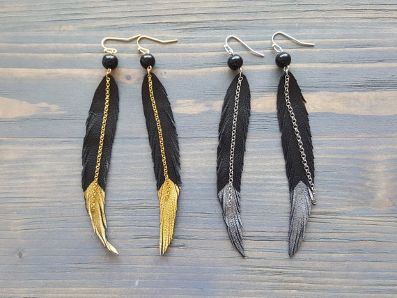 Long black earrings. Leather feather earrings. Agate beads earrings. Boho earrings. Long drop earrings. Black feather. Bohemian earrings.