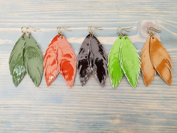Glossy Leather Earrings, Leather Feather Earrings, Patent Leather Earrings, Boho Jewelry, Boho Earrings, Lacquered Leather, Mirrored Leather