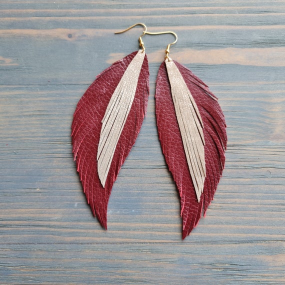 Large Red Leather Feather Earrings. Fashion Genuine Leather Statement Earrings. Light Weight Feather Earrings. Hypoallergenic Hooks.