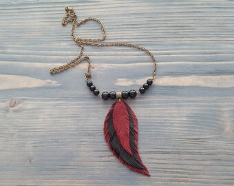 Leather Feather Necklace , Black Onyx Beaded Necklace, Bronze Chain Necklace, Bohemian Jewelry, Boho Necklace, Red Leather Feather Necklace