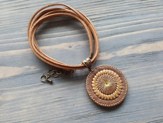 Brown leather necklace. Leather choker. Boho necklace. Boho choker. Mandala necklace. Mandala pendant. Leather pendant. Tribal necklace.