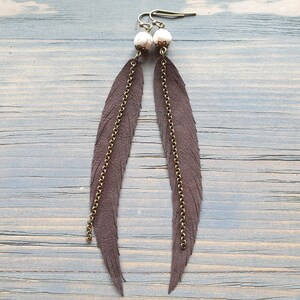 Long Feather Earrings Bohemian Earrings Gemstone Leather Earrings Bohemian Jewelry Long Leather Feather Earrings Boho Tribal Earrings. image 7