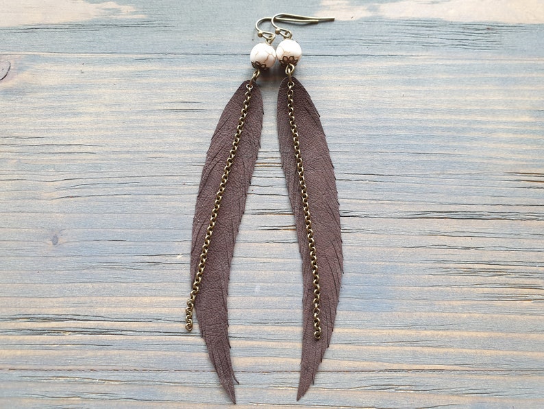 Long Feather Earrings Bohemian Earrings Gemstone Leather Earrings Bohemian Jewelry Long Leather Feather Earrings Boho Tribal Earrings. image 7