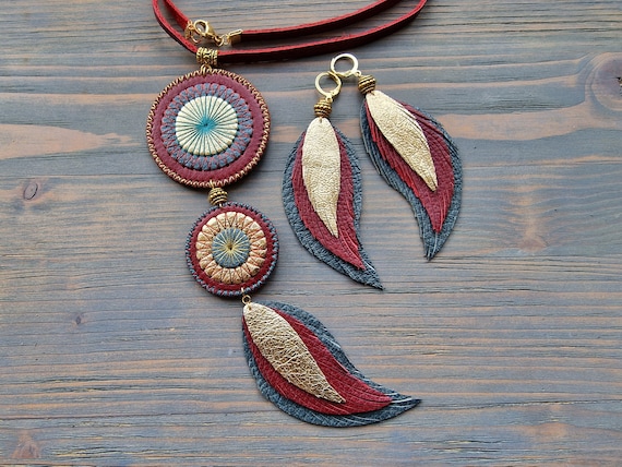 Genuine Leather Mandala and Feather Necklace, Boho jewelry, Leather Feather Earrings, Tribal Necklace, Bohemian Jewelry, Leather Earrings
