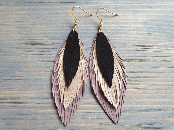 Layered Leather Earrings, Long Earrings, Leather Feather Earrings, Statement Earrings, Dangle Earrings, Bohemian Earrings, Oversize Earrings