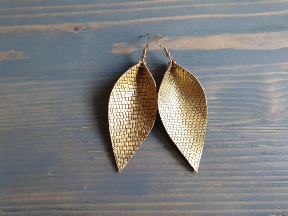 Golden Leather Leaf Earrings Large Leaf Earrings Leather