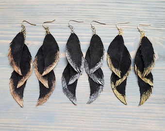 Feather Earrings, Leather Feather Earrings, Black Earrings, Boho Earrings, Long Feather Earrings, Boho Jewelry, Bohemian Dangle Earrings