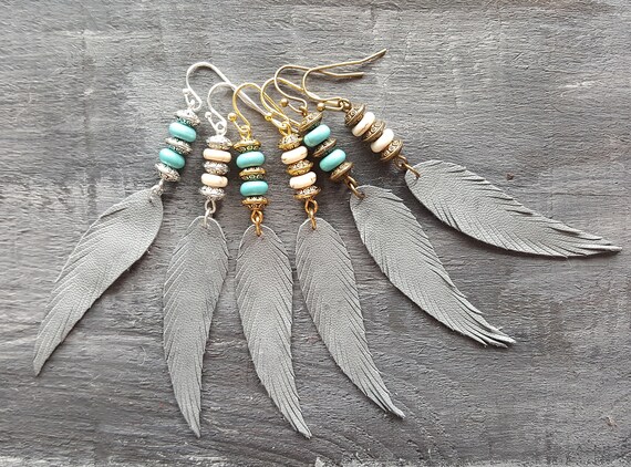 Grey feather earrings. Leather feather earrings. Gemstone beaded earrings. Long drop earrings. Boho earrings. Bohemian earrings. Boho chic.