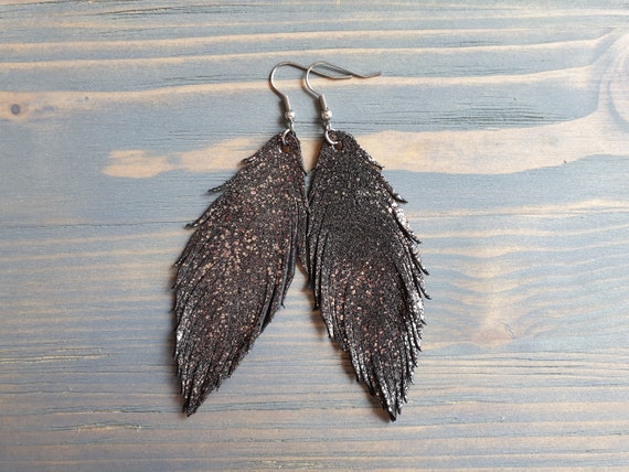 Black Leather Earrings, Feather Earrings, Leather feather Earrings, Shiny Earrings, Statement Earrings, Hypoallergenic Lightweight Earrings