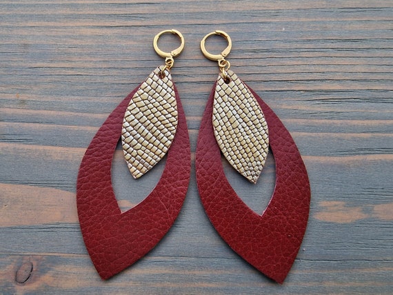 Red and Gold Genuine Leather Double Layer Dangle Drop Earrings, Statement Earrings, Boho Earrings, Light Weight Leaf Earrings