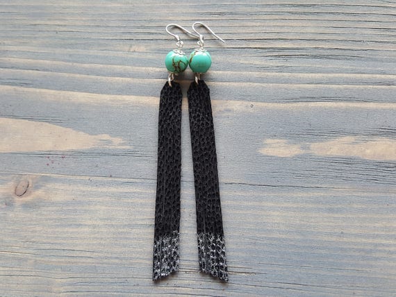 Leather Fringe Earrings. Long Black Earrings. Tassel Earrings. Leather Earrings. Bohemian Earrings. Turquoise Earrings. Boho Earrings