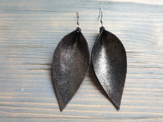 Leather Leaf Earrings, Large Leaf Earrings, Black Leather Earrings, Bohemian Earrings, Statement Earrings, Lightweight Earrings