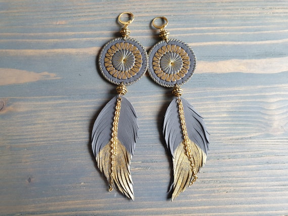 Grey leather earrings. Feather earrings. Long boho earrings. Bohemian tribal earrings. Leather feather earrings. Bohemian leather jewelry.