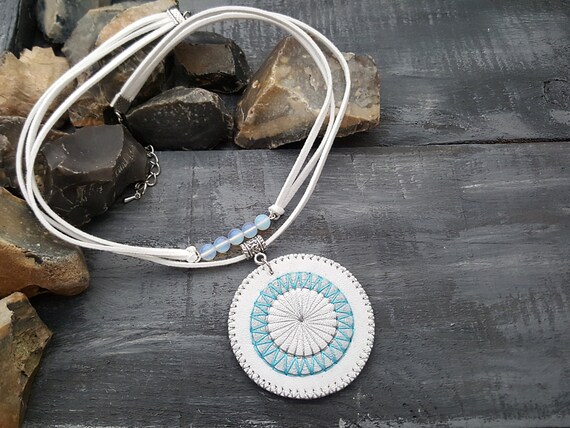 White leather necklace. Boho necklace. Mandala pendant necklace. Leather choker. Boho choker. Bohemian layered necklace. Layered choker.