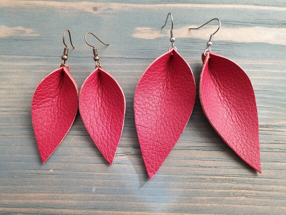 Red Leather Earrings, Leather Leaf Earrings, Western Earrings, Boho Earrings, Leather Jewelry, Red Jewelry, Cowgirl Earrings, Rustic Earring