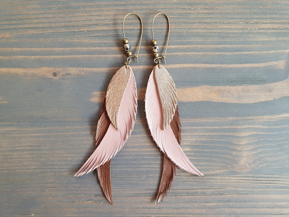 Long Feather Earrings, Statement Earrings, Boho Earrings, Bohemian Earrings, Leather Earrings, Handmade Earrings, Long Dangle Earrings
