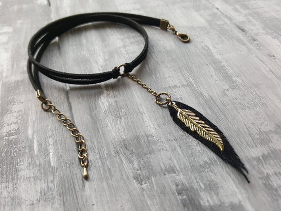 Suede Choker. Bohemian Feather Necklace. Boho Choker Necklace. Black Leather Choker Necklace. Charm Choker. Pendant Choker Necklace.