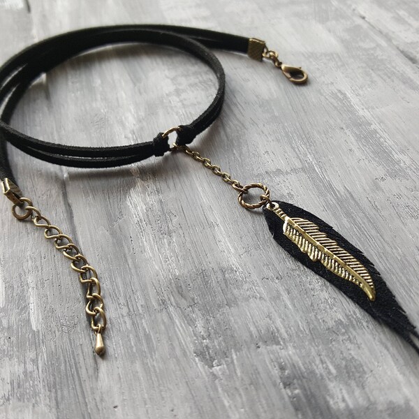 Suede Choker. Bohemian Feather Necklace. Boho Choker Necklace. Black Leather Choker Necklace. Charm Choker. Pendant Choker Necklace.