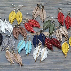 Leather feather earrings. Boho earrings. Bohemian earrings. Leather earrings. Dangle layered earrings. Native earrings. Western earrings. image 1