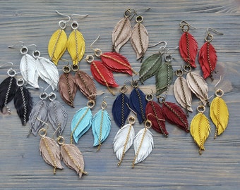 Leather feather earrings. Boho earrings. Bohemian earrings. Leather earrings. Dangle layered earrings. Native earrings. Western earrings.