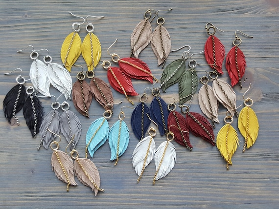 Leather feather earrings. Boho earrings. Bohemian earrings. Leather earrings. Dangle layered earrings. Native earrings. Western earrings.