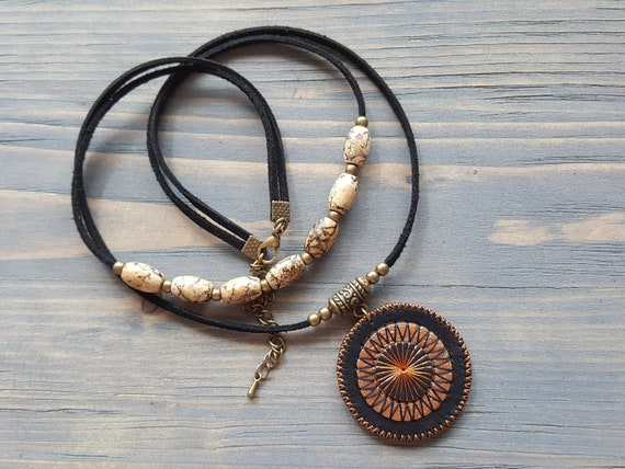 Black Leather Choker. Bohemian Choker. Boho Choker. Leather Necklace. Layered Necklace. Wood Beaded Choker. Bohemian Necklace. Pendant.