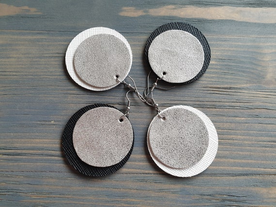 Leather Disk Earrings, Genuine Leather Earrings, Large Circle Earrings, Boho Earrings, Statement Boho Jewelry, Surgical Steel Hook Earrings