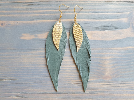 Sage Green Leather Earrings, Long Earrings, Leather feather Earrings, Green and Gold Earrings, Bohemian Earrings, Fashion Jewelry