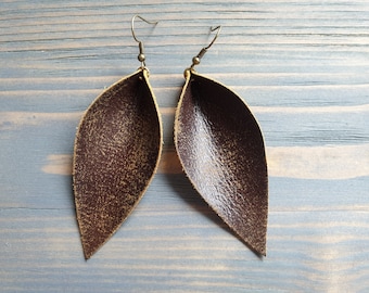 Leather Earrings, Leather Leaf Earrings, Rustic Earrings, Boho Earrings, Distressed Leather Earrings, Brown Leather Earrings, Boho Jewelry