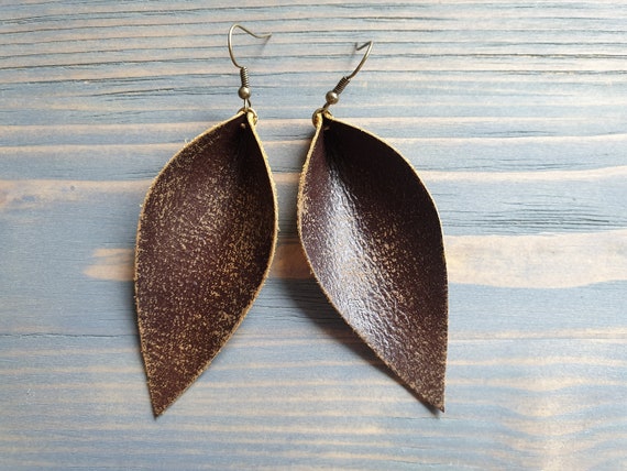 Leather Earrings, Leather Leaf Earrings, Rustic Earrings, Boho Earrings, Distressed Leather Earrings, Brown Leather Earrings, Boho Jewelry