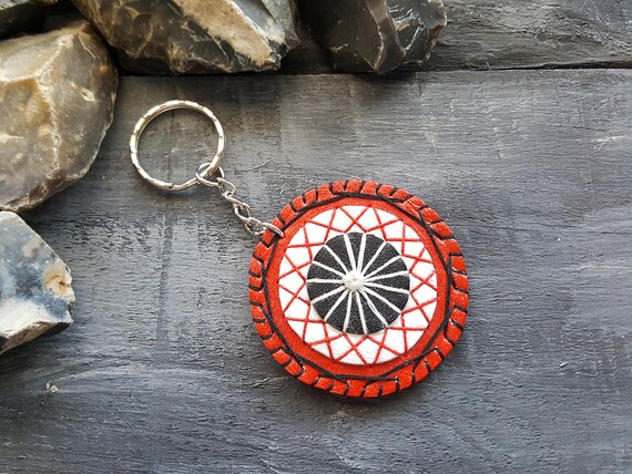 Handmade leather keychain. Mandala keychain. Bag Charm. Red leather keychain. Leather accessories. Boho keychain. Bohemian keychain.