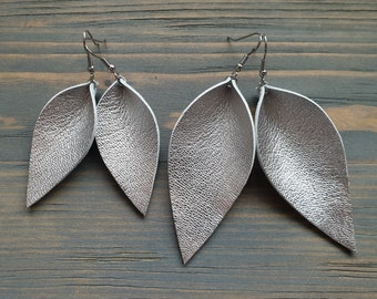 Leather Leaf Earrings, Silver Earrings, Leather Earrings, Boho Earrings, Genuine Leather Earrings, Leather Jewelry, Lightweight Earrings