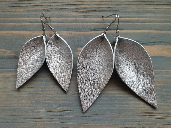 Leather Leaf Earrings, Silver Earrings, Leather Earrings, Boho Earrings, Genuine Leather Earrings, Leather Jewelry, Lightweight Earrings