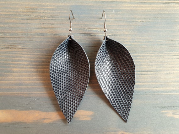 Grey Leather Earrings, Leather Leaf Earrings, Large Leather Leaf Earrings, Grey Earrings