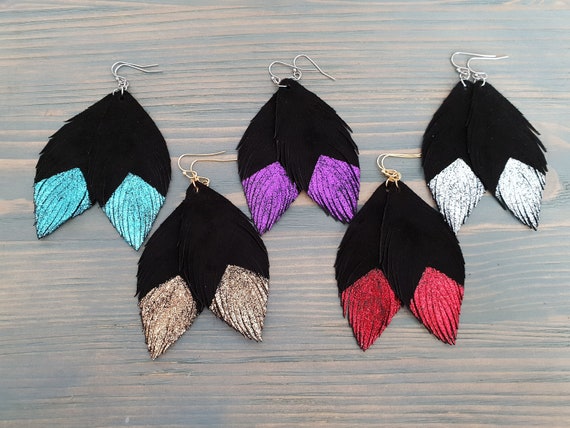 Handmade Genuine Leather Feather Earrings Boho Jewelry Glittered Black Feathers Leather Earrings