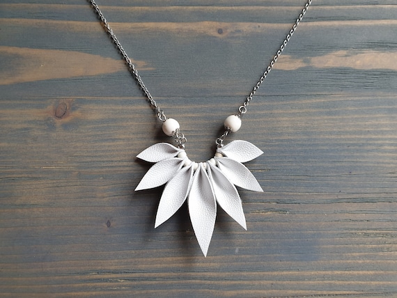 White Leather Necklace, Silver Chain Necklace, Boho Necklace, Leather Anniversary Gift, 3rd Anniversary Gift For Wife, Boho Wedding Necklace