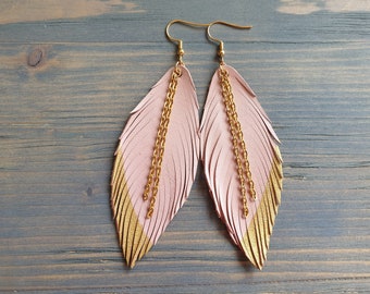 Leather Feather Earrings, Pink and Gold Earrings, Leather Earrings, leather fringe Earrings, Boho earrings, Dangle Earrings, Gift for Her