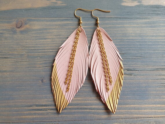 Leather Feather Earrings, Pink and Gold Earrings, Leather Earrings, leather fringe Earrings, Boho earrings, Dangle Earrings, Gift for Her