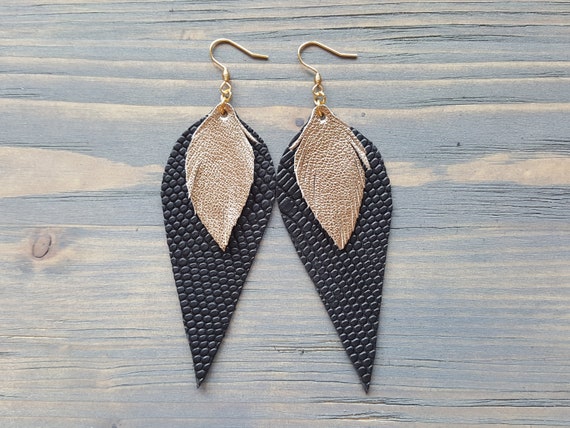 Black and Gold Leather Earrings. Statement Earrings. Large Boho Earrings. Long Dangle Earrings. Bohemian Earrings. Large Drop Earrings.