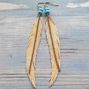 Long Feather Earrings Bohemian Earrings Gemstone Leather Earrings Bohemian Jewelry Long Leather Feather Earrings Boho Tribal Earrings. image 10