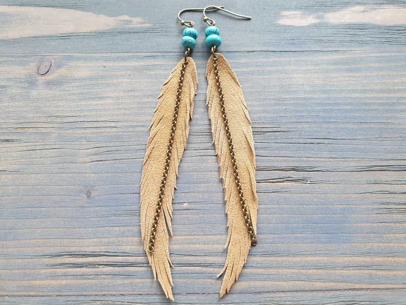 Long Feather Earrings Bohemian Earrings Gemstone Leather Earrings Bohemian Jewelry Long Leather Feather Earrings Boho Tribal Earrings. image 10