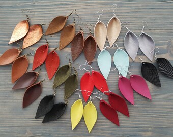 Leather leaf earrings. Small leather earrings. Drop earrings. Bright earrings. Boho earrings. Lightweight earrings. Bohemian earrings.